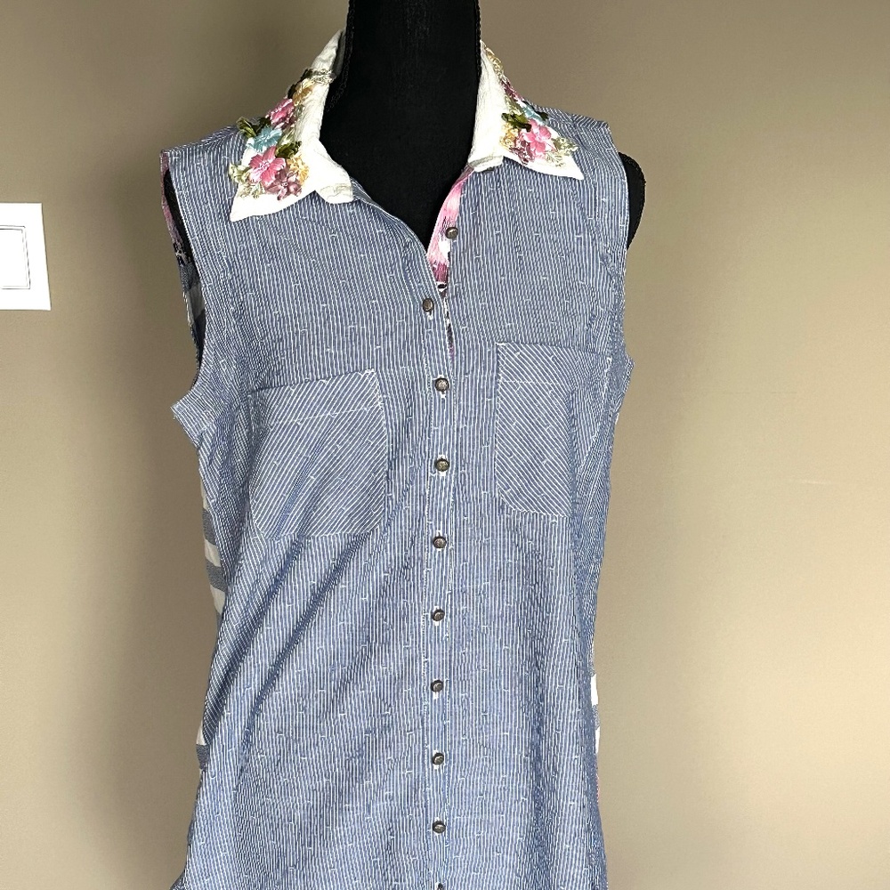 John Mark shirt dress in blue and white. Size M